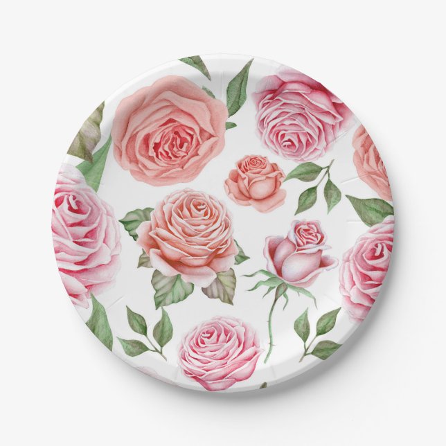 Peach Coral Pink Roses Greenery Leaves Shabby Chic Paper Plate (Front)