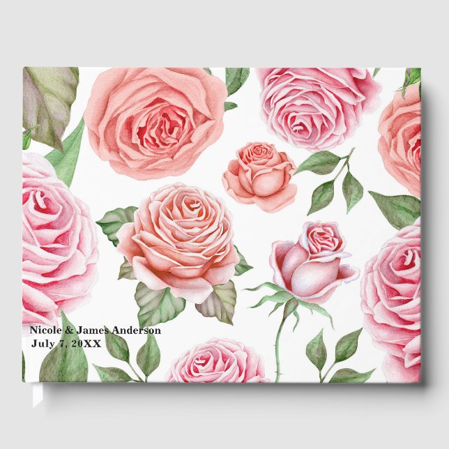 Peach Coral Pink Roses Greenery Leaves Wedding Guest Book (Front)