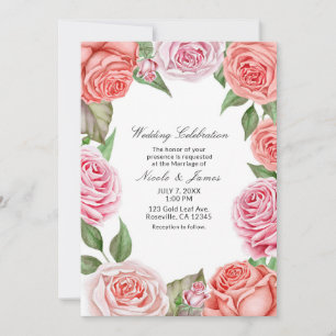 Peach Coral Pink Roses Greenery Leaves Wedding Invitation