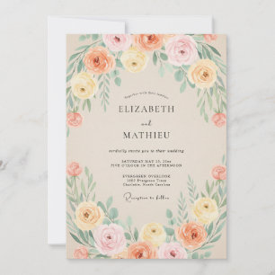 Peach Coral Ranunculus Eucalyptus Wedding Invitation