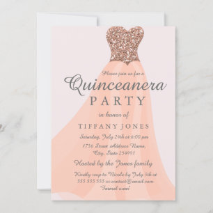 Peach Coral Sparkling Glitter Gown Quinceanera Invitation