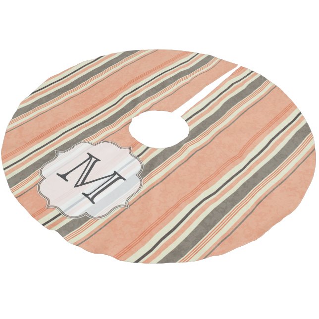 Peach Coral Stripes Monogram Initial Tree Skirt (Angled)