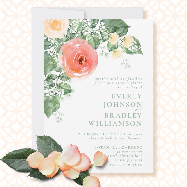 Peach Coral Watercolor Floral Roses Wedding Invitation (Creator Uploaded)