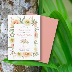 Peach coral watercolor flowers floral wedding invitation