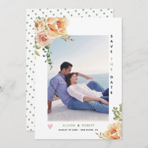 Peach coral watercolor flowers sage green photo save the date