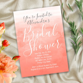 Peach Coral Watercolor Ombre Modern Bridal Shower Invitation