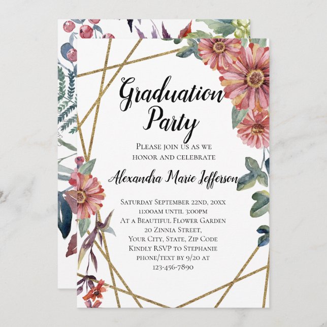Peach Coral Zinnia Flower Girls Graduation Party Invitation (Front/Back)