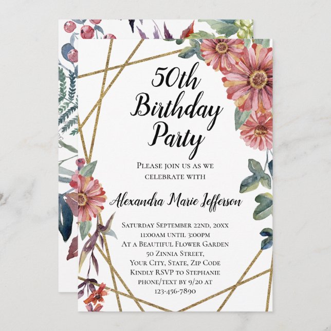 Peach Coral Zinnia Flower Womens 50th Birthday Invitation (Front/Back)
