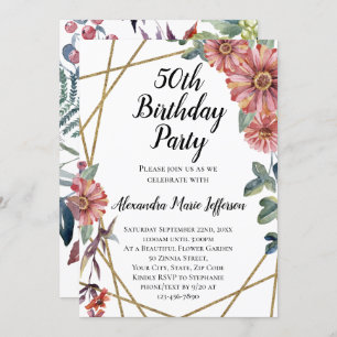 Peach Coral Zinnia Flower Womens 50th Birthday Invitation