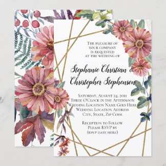 Peach Coral Zinnia Watercolor Flower Wedding Invitation