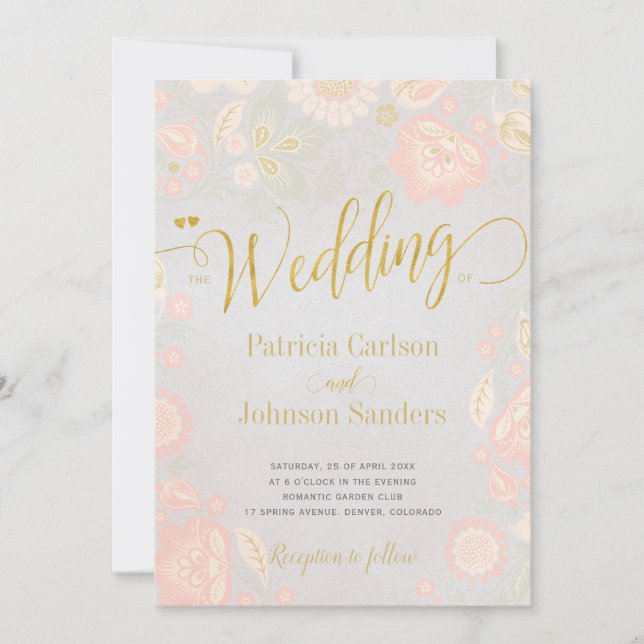 Peach Cream and Blush Spring Gold Script Wedding Invitation (Front)