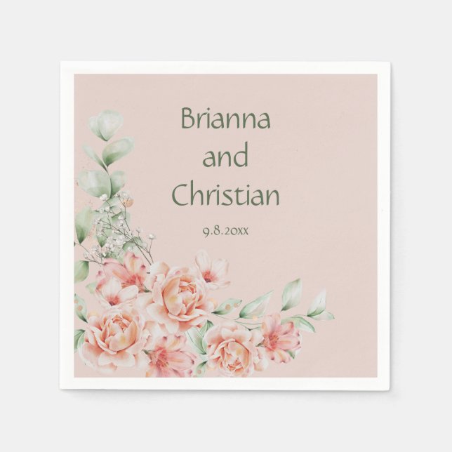Peach Cream and Sage Green Romantic Floral Garden Napkin (Front)