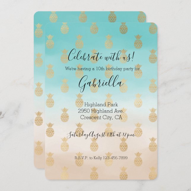 Peach Cream Aqua Ombre Gold Pineapples Invitation (Front/Back)