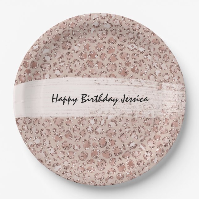 Peach Cream Blush Leopard Print Glitter      Paper Plate (Front)