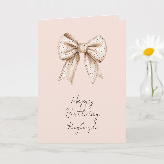 Peach Cream Bow Birthday Card (Small Plant)