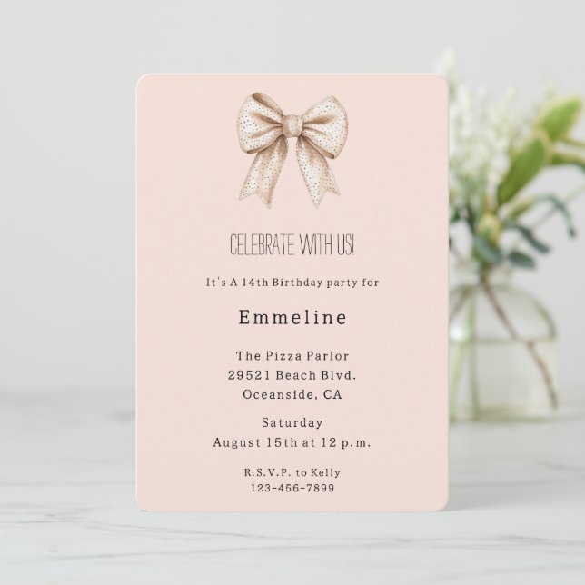 Peach Cream Bow Birthday Invitation (Standing Front)