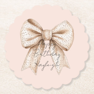 Peach Cream Bow Birthday Paper Coaster