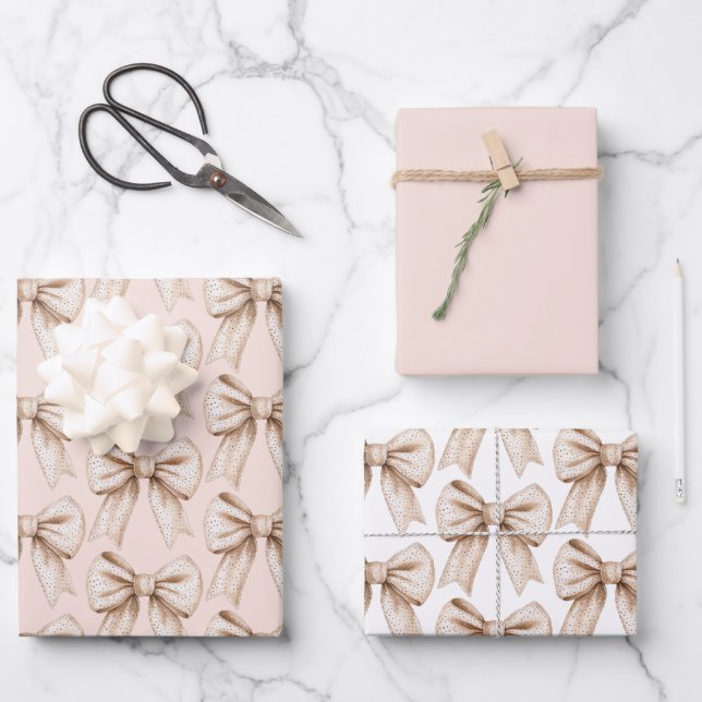 Peach Cream Bow Birthday Wrapping Paper Sheet (Front)