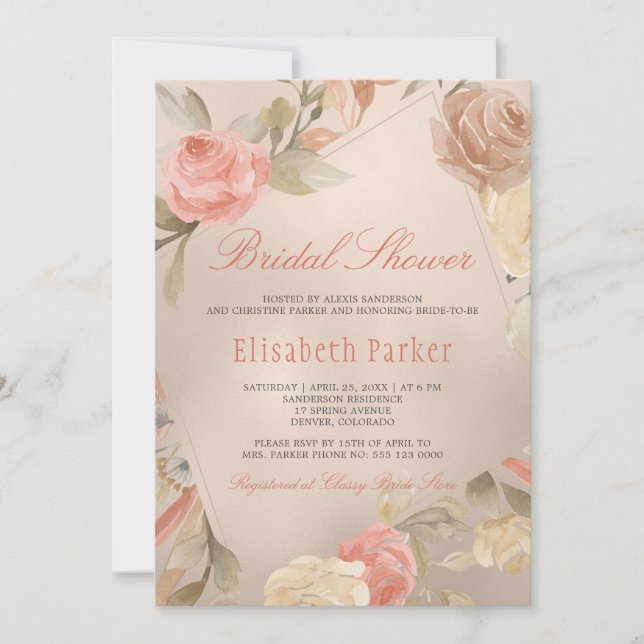 Peach Cream  Faux Gold Foil Floral Bridal Shower Invitation (Front)