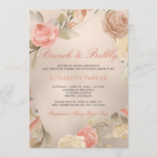 Peach Cream Faux Gold Foil Floral Brunch & Bubbly Invitation