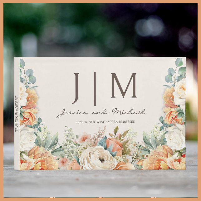 Peach Cream Floral Eucalyptus Wedding Guest Book (Elegant peach and cream-colored watercolor floral wedding guestbook)