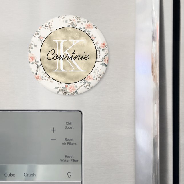 Peach Cream Floral Gold Monogram      Magnet (In Situ (Fridge))