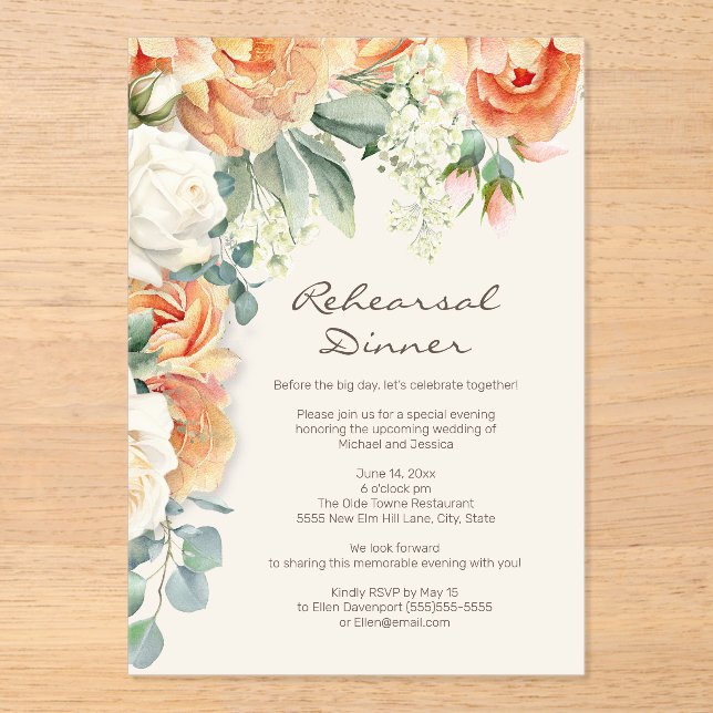 Peach Cream Floral Greenery Arch Rehearsal Dinner Acrylic Invitations (Front)
