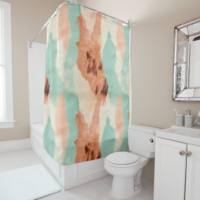 Peach Cream Mint Cowgirl Cowhide Shower Curtain (In Situ)