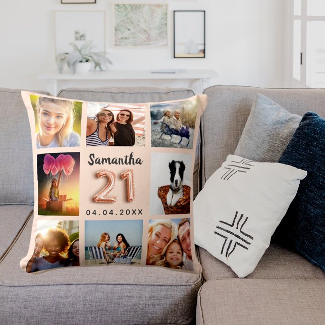 Peach cream photo collage 21st birthday cushion (Creator Uploaded)