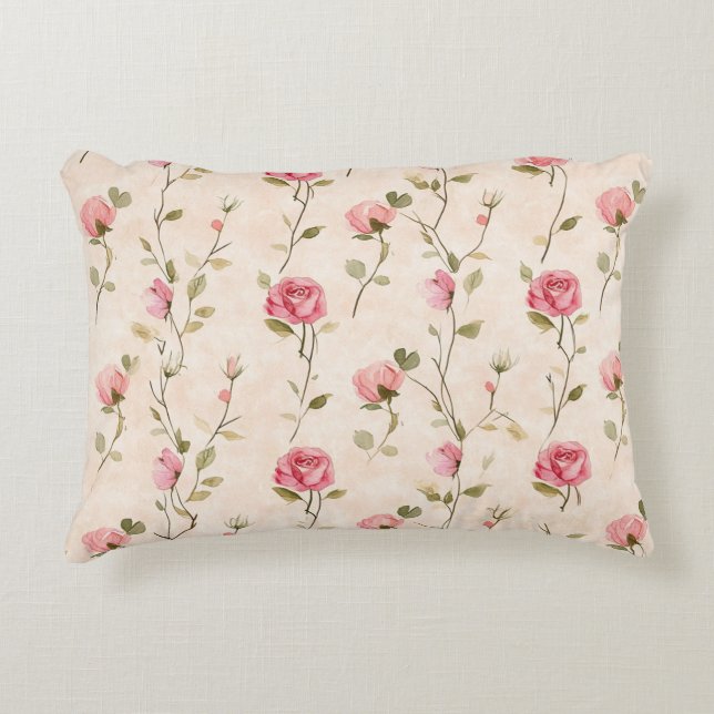 Peach Cream Pink Roses Floral Decorative Cushion (Front)