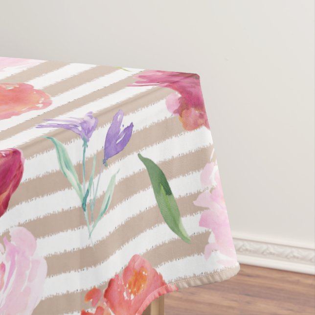 Peach Cream Stripes Watercolor Flowers Tablecloth (In Situ)