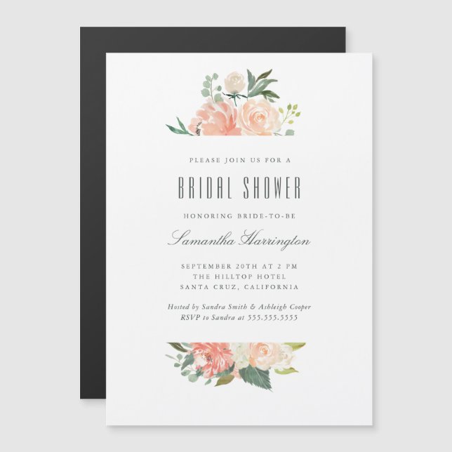 Peach & Cream Watercolor Floral Bridal Shower Magnetic Invitation (Front/Back)