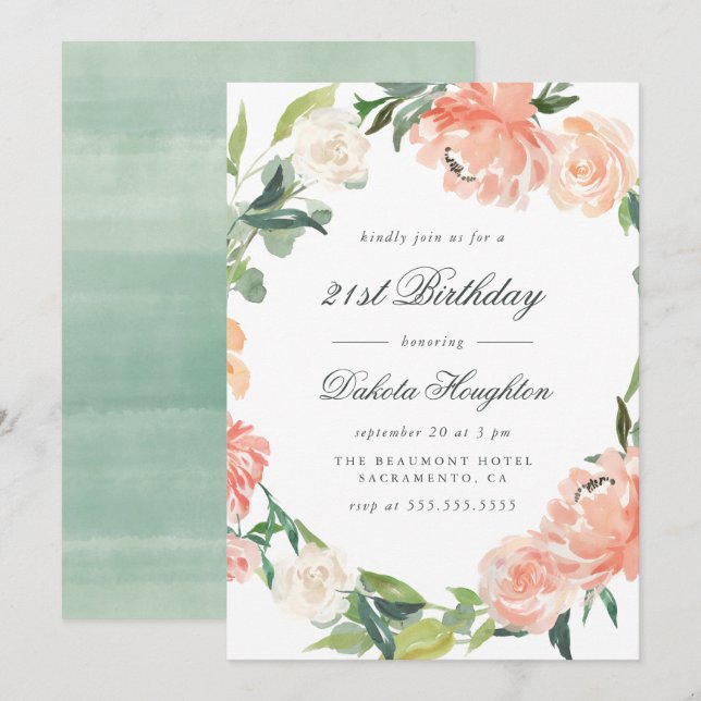 Peach & Cream Watercolor Peonies Birthday Party Invitation (Front/Back)