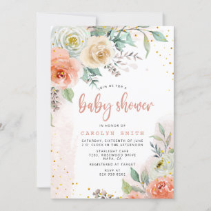 Peach Cream White Roses Floral Gold Baby Shower  Invitation