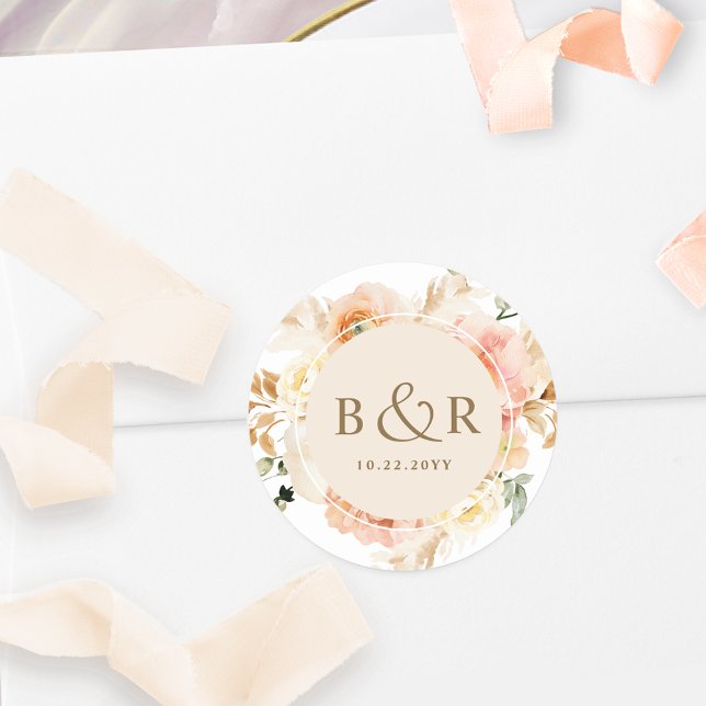 Peach Cream Yellow Floral Wedding Envelope / Favou Classic Round Sticker (Creator Uploaded)