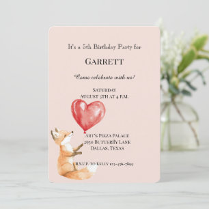 Peach Cute Woodland Fox Red Hearts Birthday Invitation