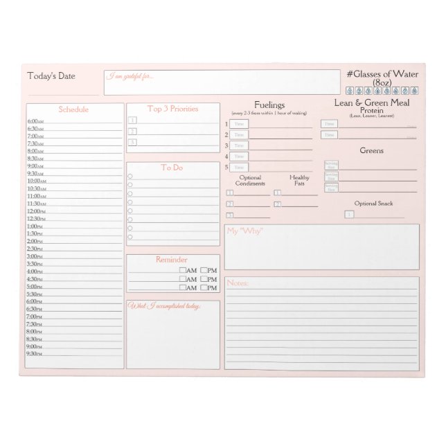 Peach | Daily Planner | 5 and 1 Food Journal  Notepad (Front)
