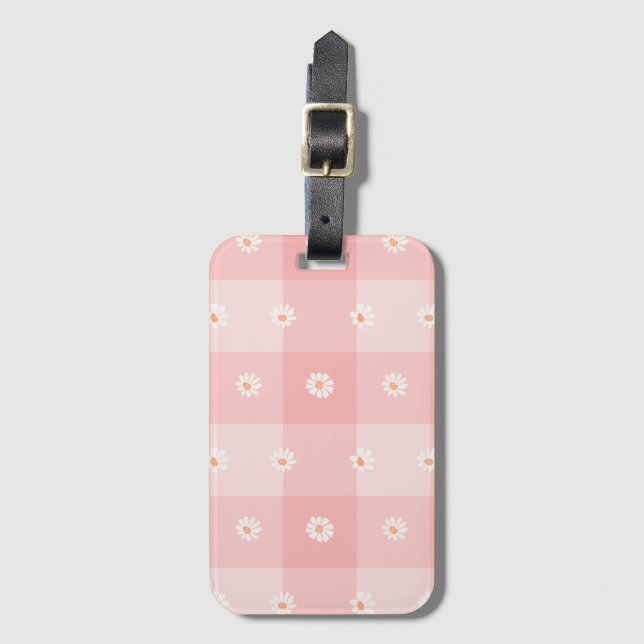 Peach Daisy Checkerboard Luggage Tag (Front Vertical)