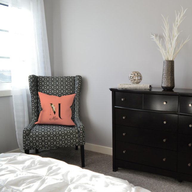 Peach daisy  vintage letter Throw Pillow (Creator Uploaded)