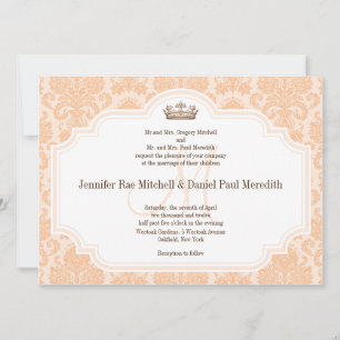 Peach Damask Chocolate Brown Wedding Wording Invitation