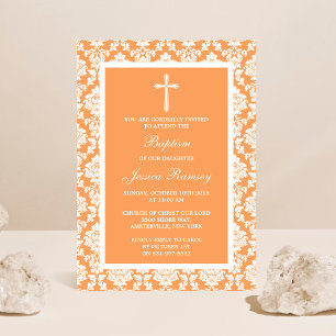 Peach Damask Cross Baptism Or Christening Invitation