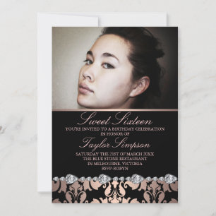 Peach Damask & Diamonds Sweet16 Birthday invite