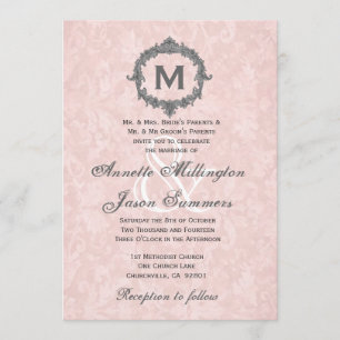 Peach Damask Grey Vintage Frame Monogram Wedding Invitation