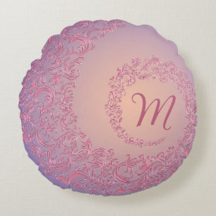 Peach Damask Monogram Round Cushion