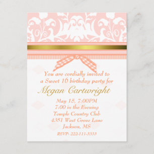 Peach Damask Sweet sixteen Birthday Invitation