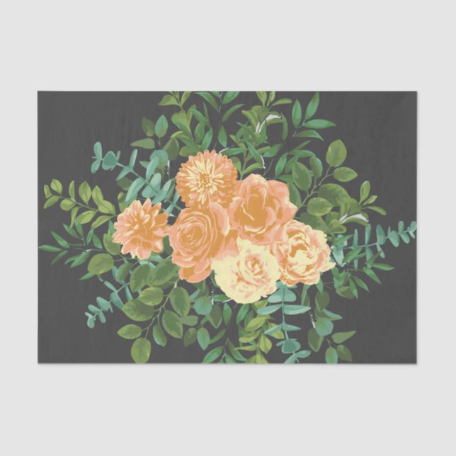 Peach Dark Grey Wedding Roses Floral Tissue Paper (Front)