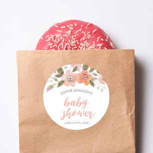 Peach Delicate Floral Baby Shower Classic Round Sticker