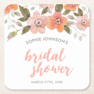 Peach Delicate Floral Bridal Shower Square Paper Coaster