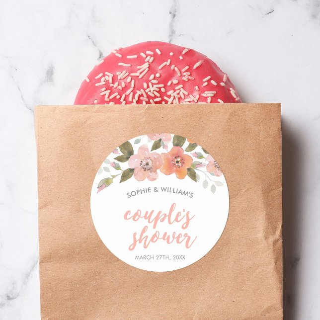Peach Delicate Floral Couple's Shower Classic Round Sticker (Creator Uploaded)