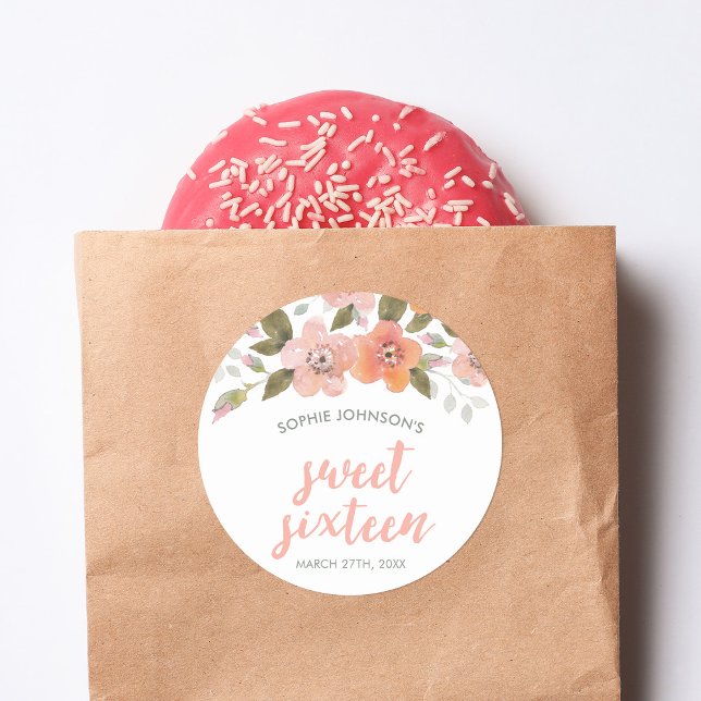 Peach Delicate Floral Sweet 16 Classic Round Sticker (Creator Uploaded)
